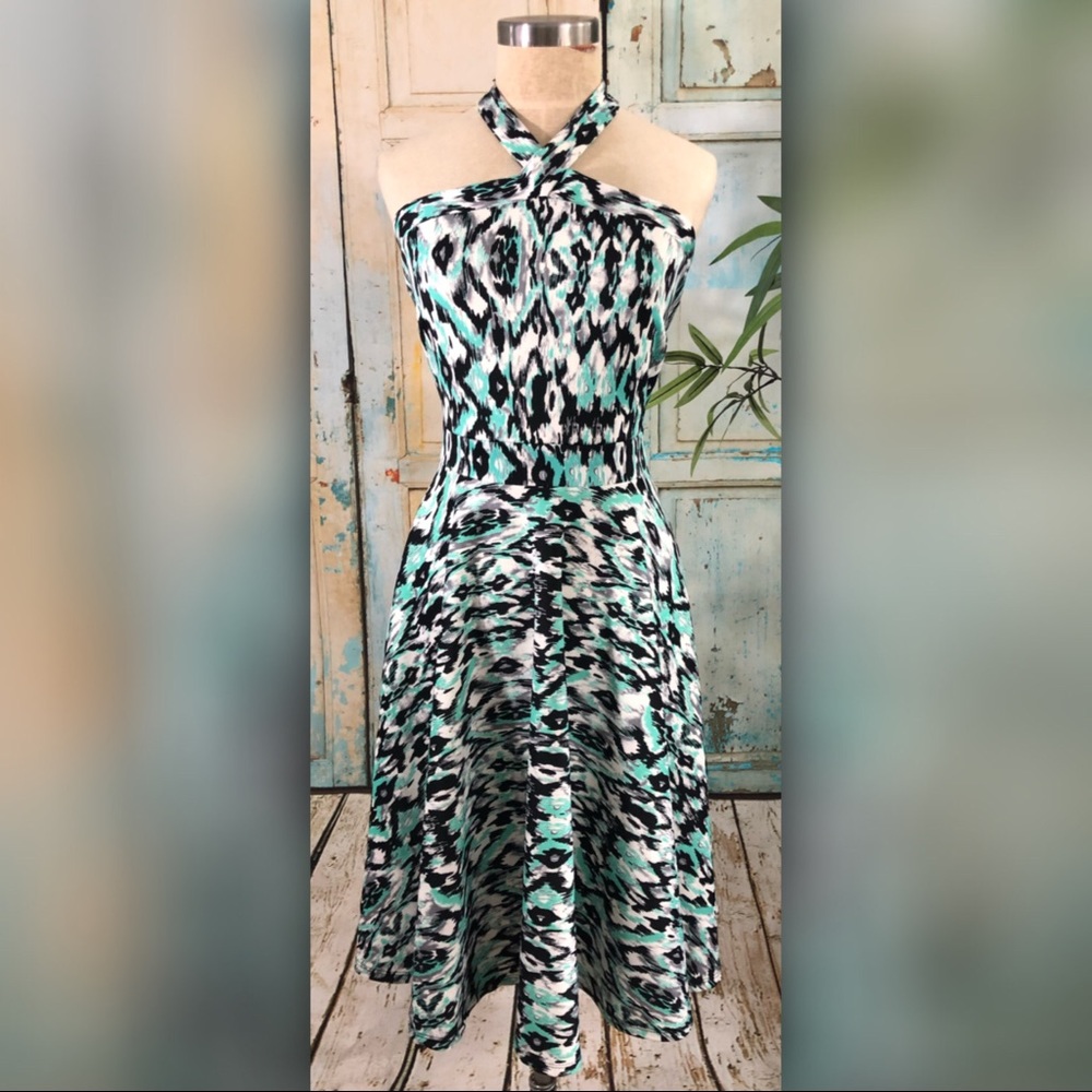 Fit & Flare Multicolored Printed Halter Top Dress